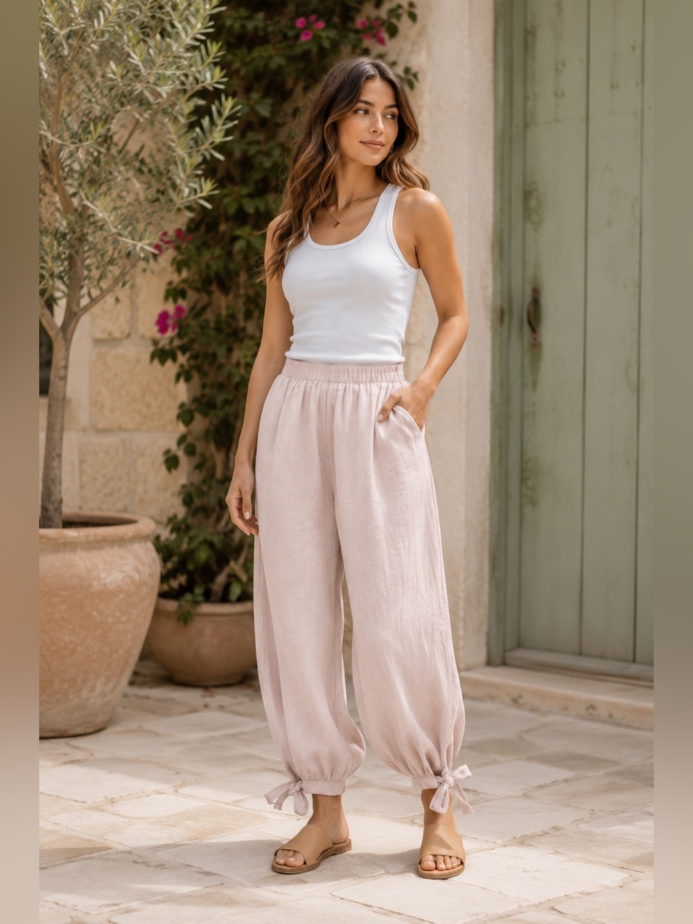 IT04. Made In Italy Positano Breeze Blush Linen Tie-Ankle Pants - Picture 2 of 2